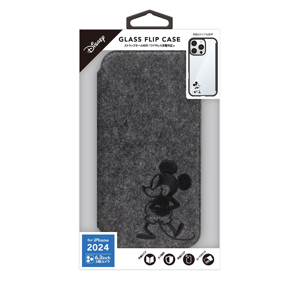 ミッキーマウス iPhone 16 Pro用 ガラスフリップケース