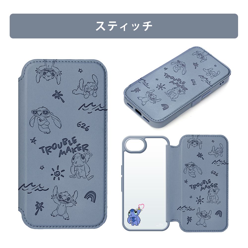 スティッチ iPhone16e ガラスフリップケース