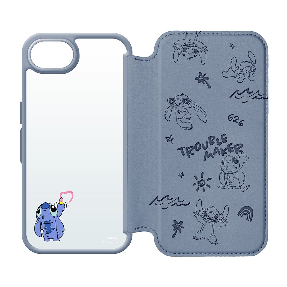 スティッチ iPhone16e ガラスフリップケース