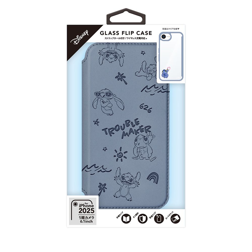 スティッチ iPhone16e ガラスフリップケース