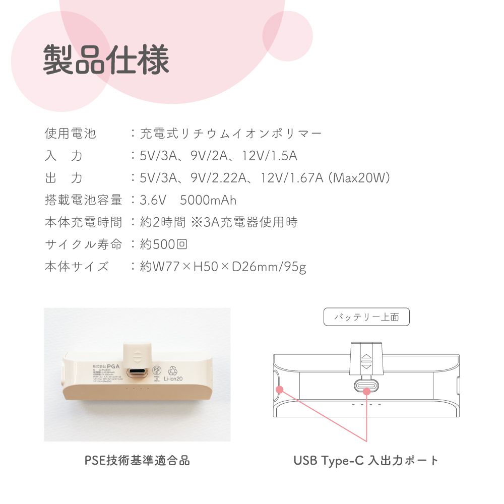 スティッチ USB Type-C 直挿しモバイルバッテリー 5,000mAh/PD20W