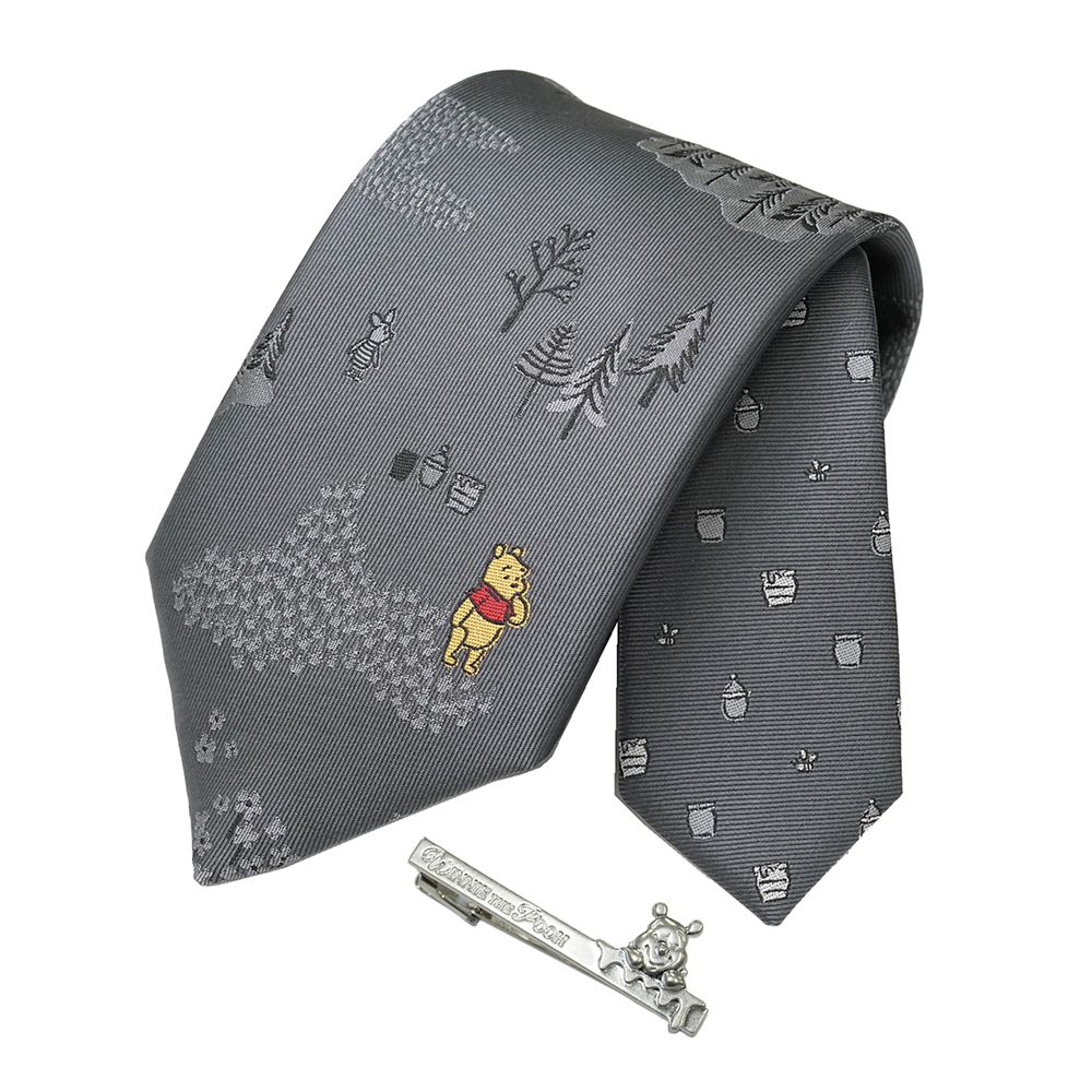 DISNEY／ネクタイ＆タイバー BOXセット　(くまのプーさん　ワンポイント柄&times;ひょっこりタイバー）DNDW1431グレー & Wa-11