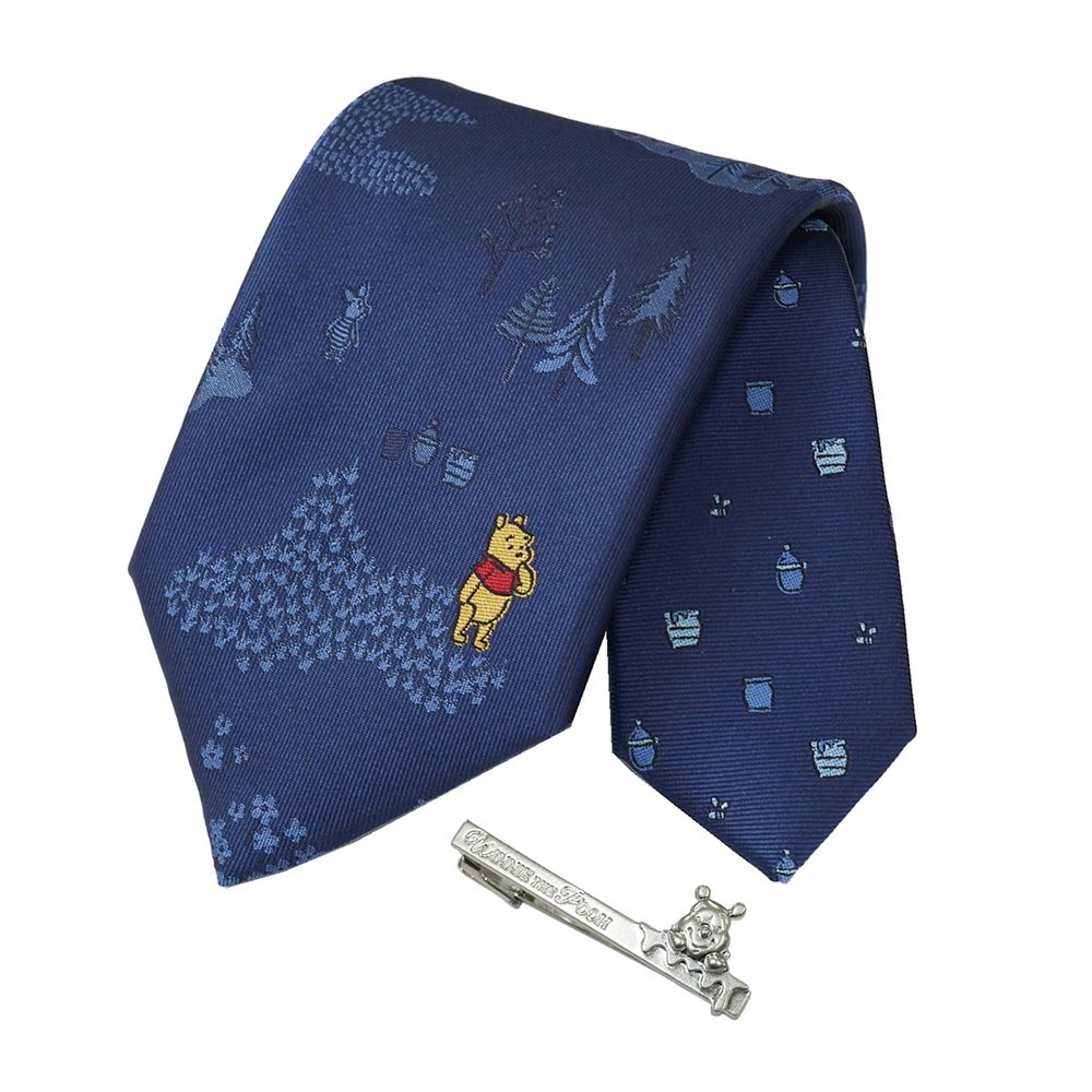 DISNEY／ネクタイ＆タイバー BOXセット　(くまのプーさん　ワンポイント柄&times;ひょっこりタイバー）DNDW1431紺 & Wa-11