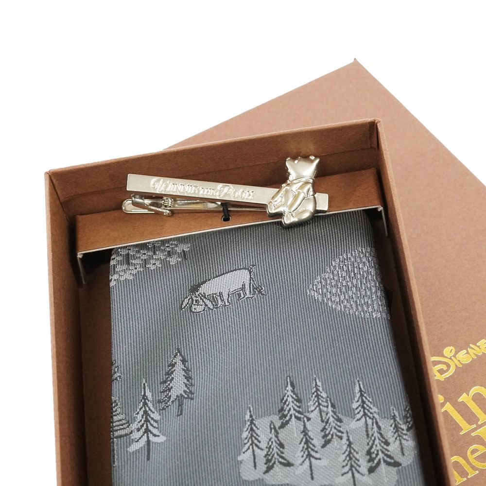 DISNEY／ネクタイ＆タイバー BOXセット　(くまのプーさん　ワンポイント柄&times;お座りタイバー）DNDW1431グレー & Wa-12