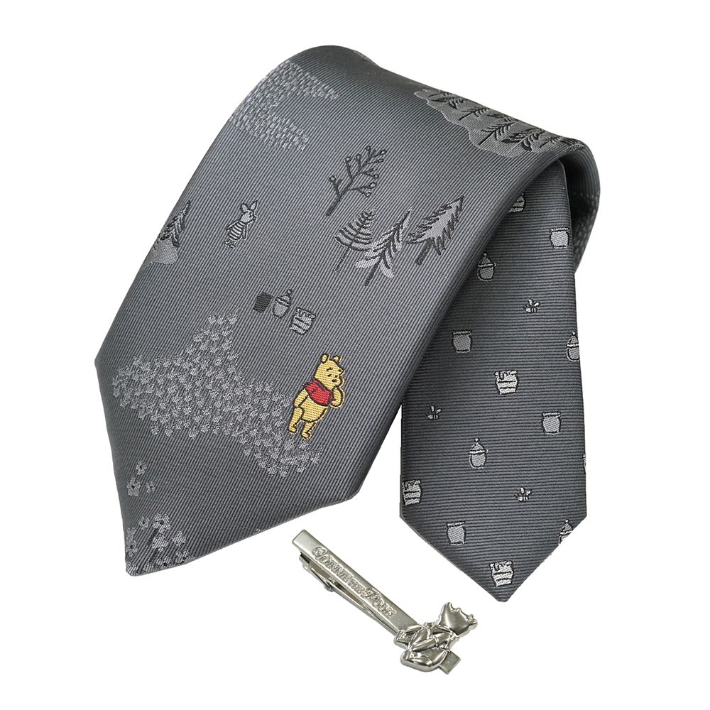 DISNEY／ネクタイ＆タイバー BOXセット　(くまのプーさん　ワンポイント柄&times;お座りタイバー）DNDW1431グレー & Wa-12