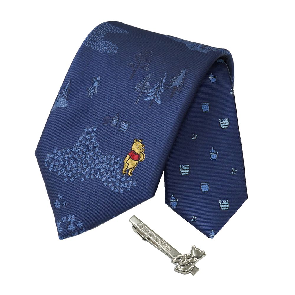 DISNEY／ネクタイ＆タイバー BOXセット　(くまのプーさん　ワンポイント柄&times;お座りタイバー）DNDW1431紺 & Wa-12