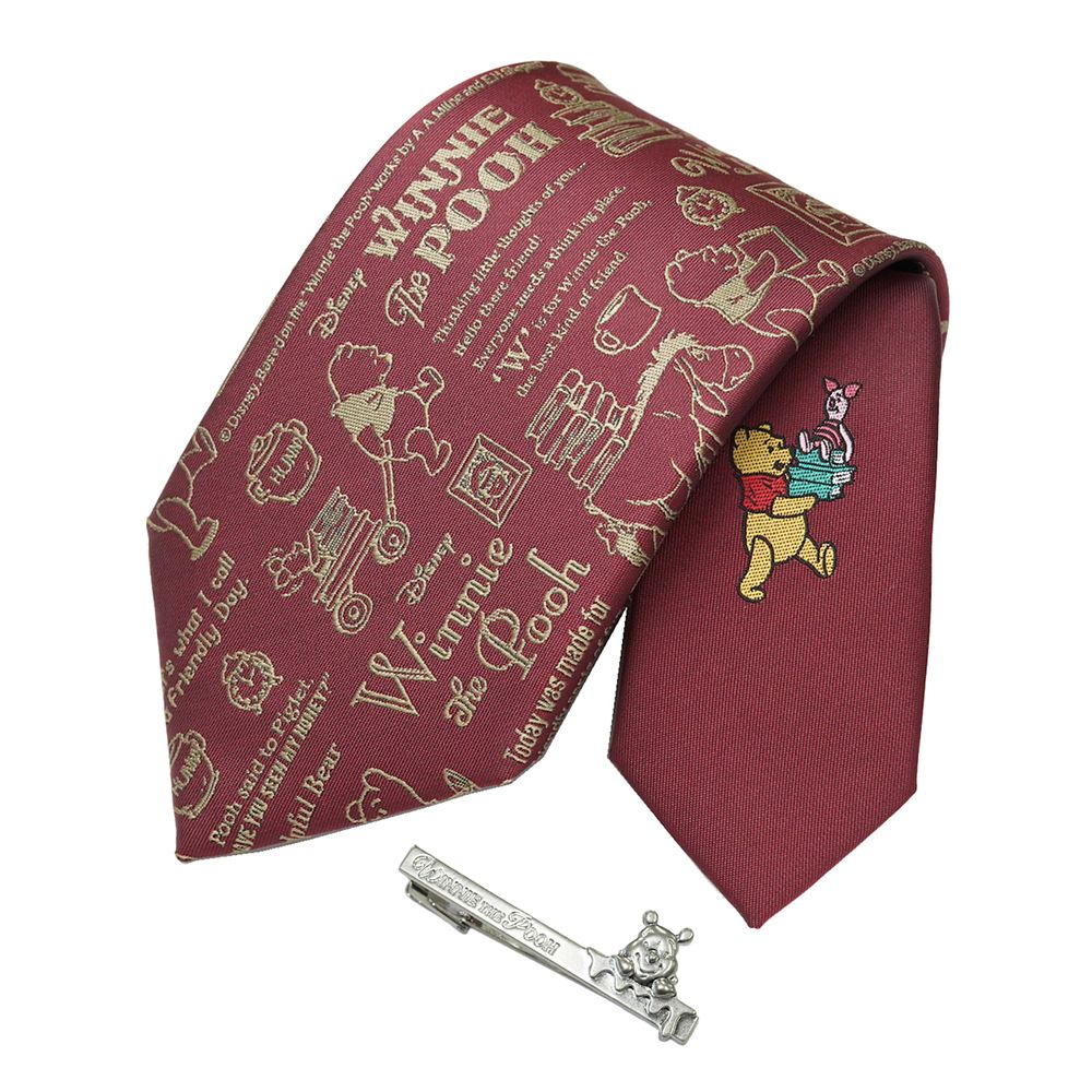 DISNEY／ネクタイ＆タイバー BOXセット　(くまのプーさん　カリグラフィ柄&times;ひょっこりタイバー）DND50026赤 & Wa-11