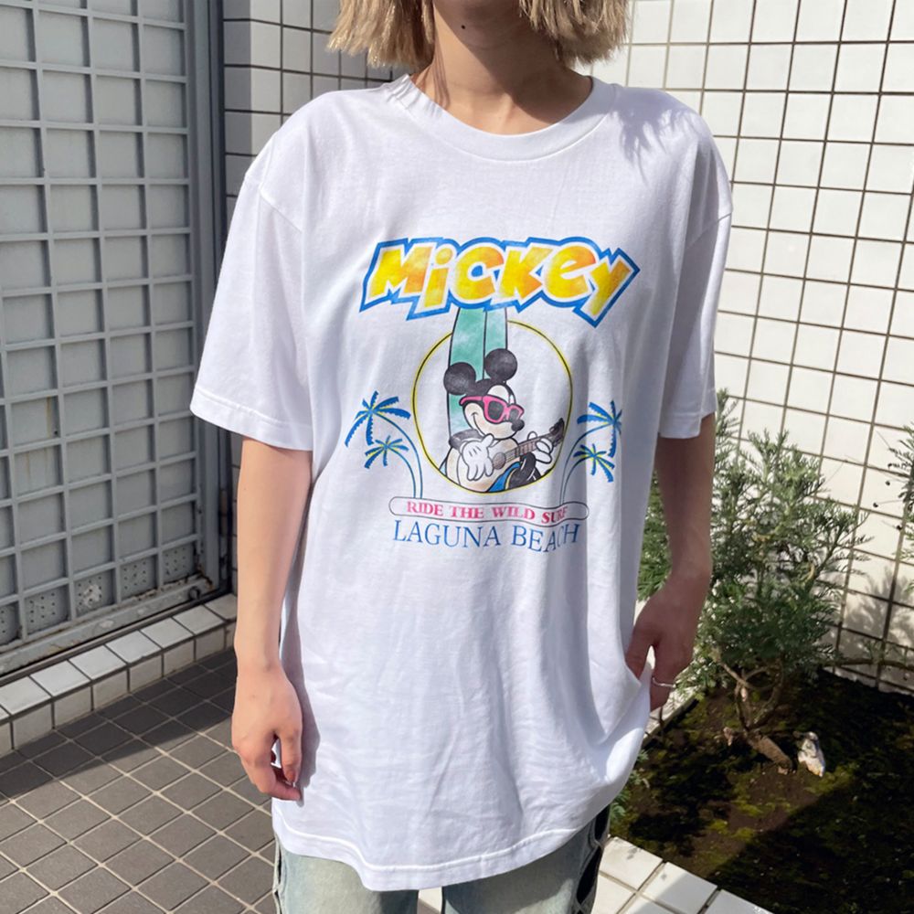 ミッキーマウス/ヴィンテージ風ピグメントTシャツ/ホワイト