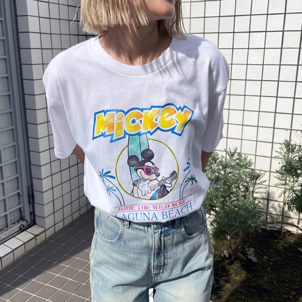 ミッキーマウス/ヴィンテージ風ピグメントTシャツ/ホワイト