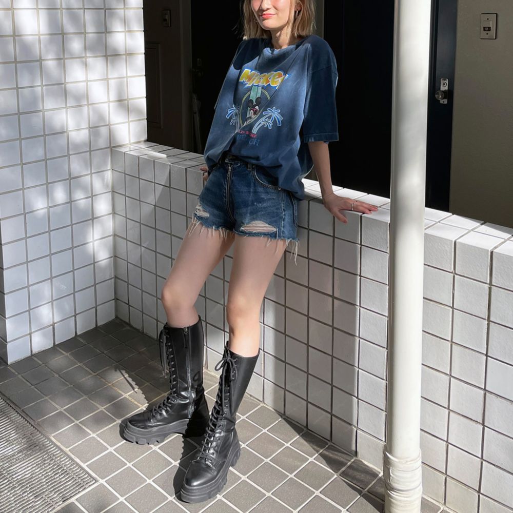 ミッキーマウス/ヴィンテージ風ピグメントTシャツ/ブラック