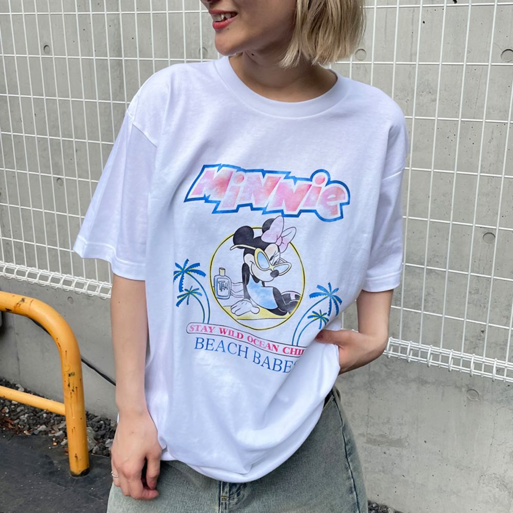 ミニーマウス/ヴィンテージ風ピグメントTシャツ/ホワイト