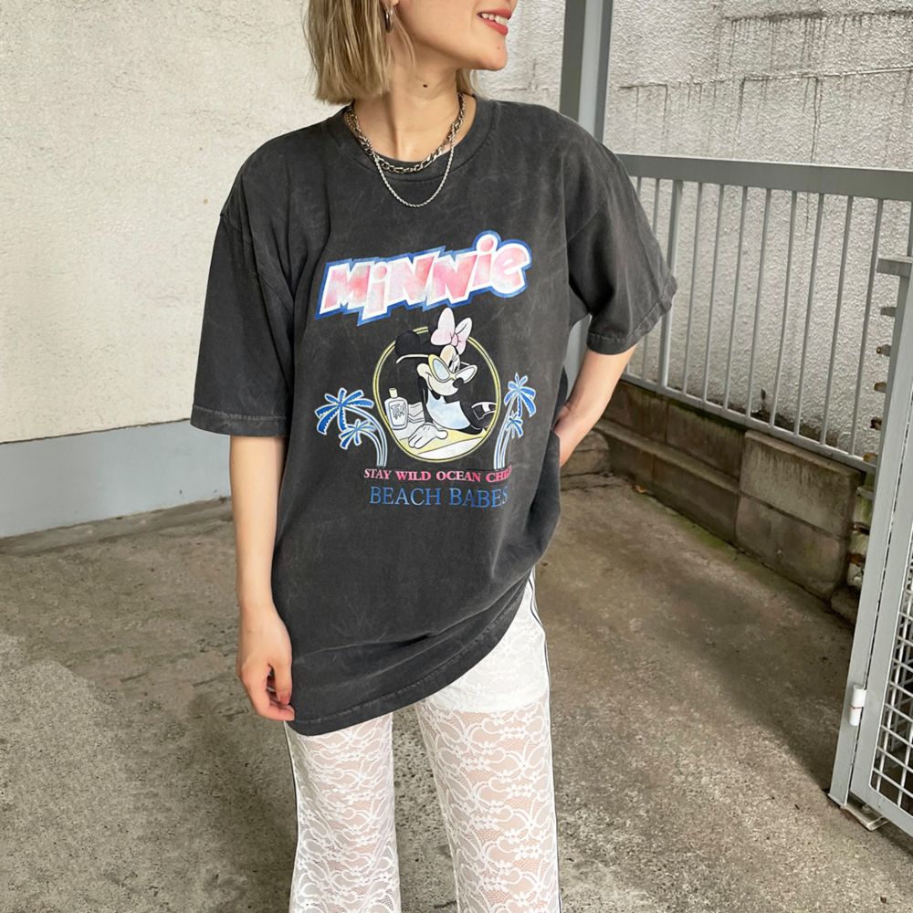 ミニーマウス/ヴィンテージ風ピグメントTシャツ/ブラック