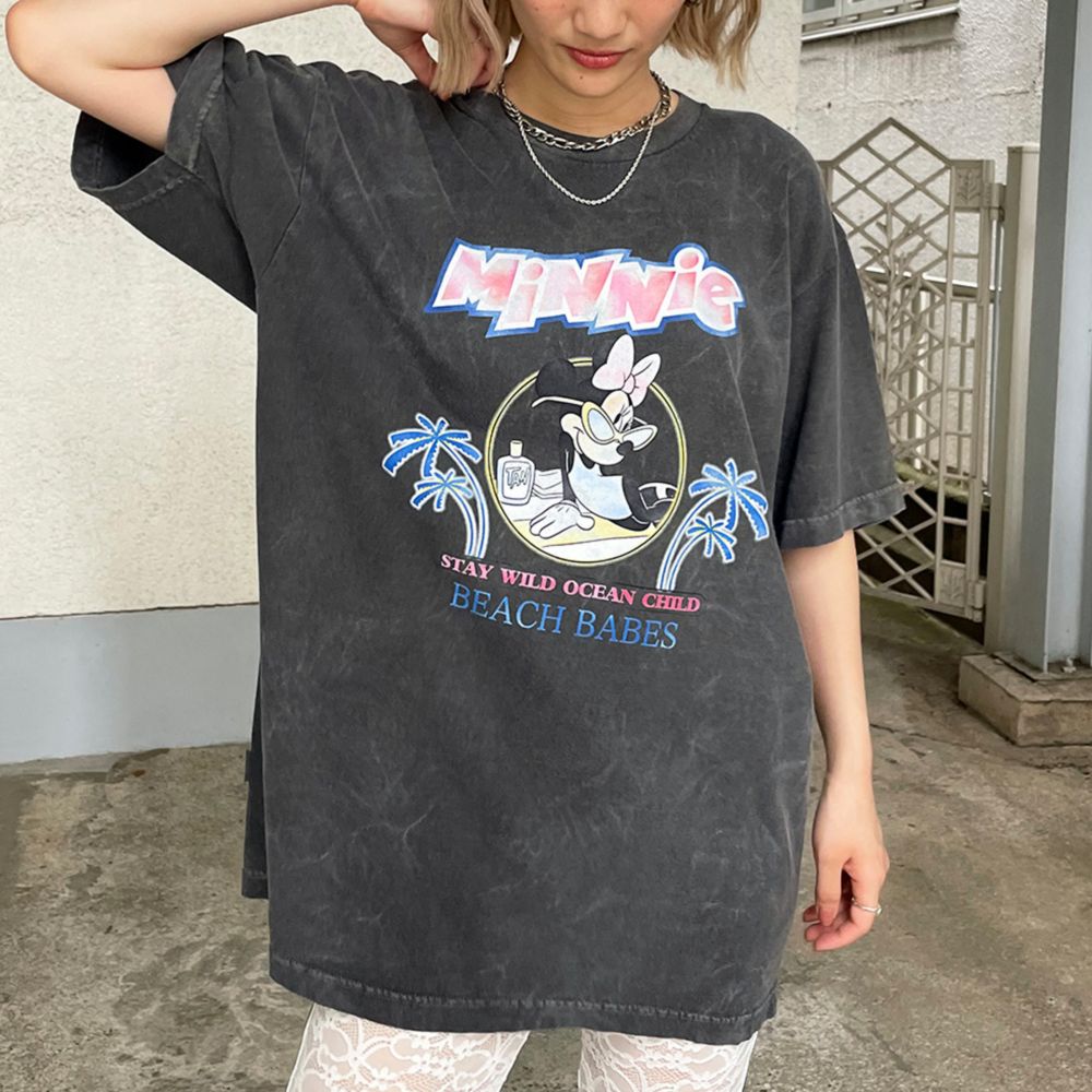 ミニーマウス/ヴィンテージ風ピグメントTシャツ/ブラック