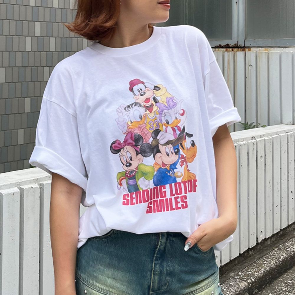 ミッキー&フレンズ/ヴィンテージ風ピグメントTシャツ/ホワイト