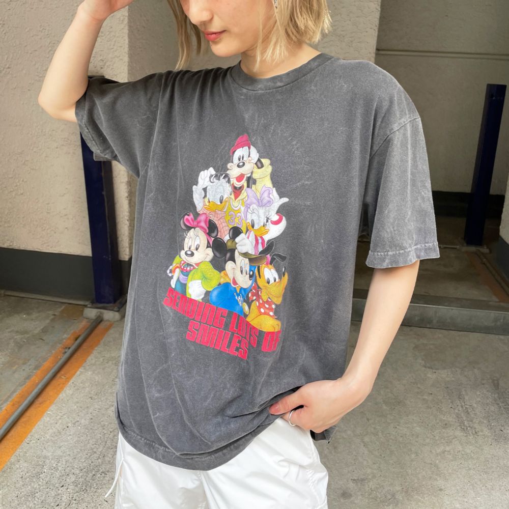 ミッキー&フレンズ/ヴィンテージ風ピグメントTシャツ/ブラック