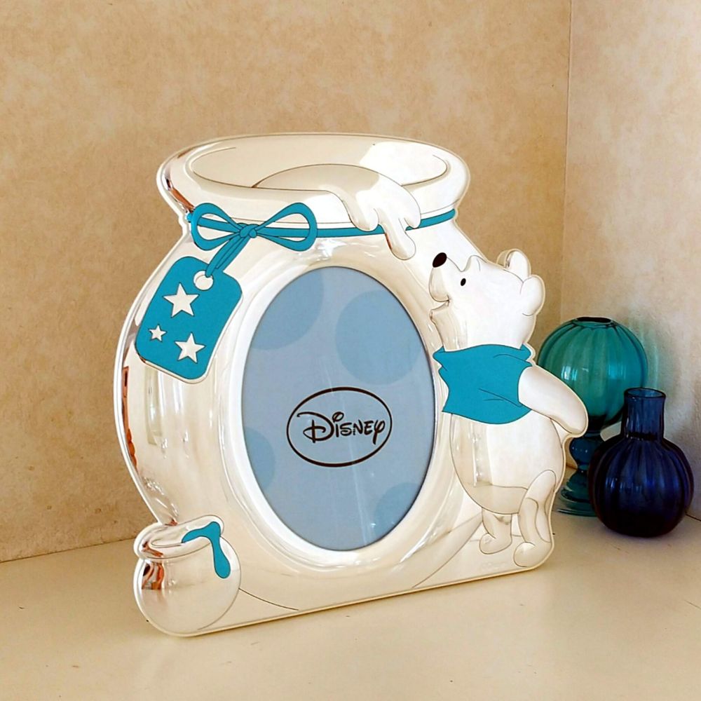 【イタリア直輸入】VALENTI　フォトフレーム　シルバー加工　くまのプーさん　ブルー（はちみつ壺）　D105 3XLC　10x15cm 　はがきサイズ