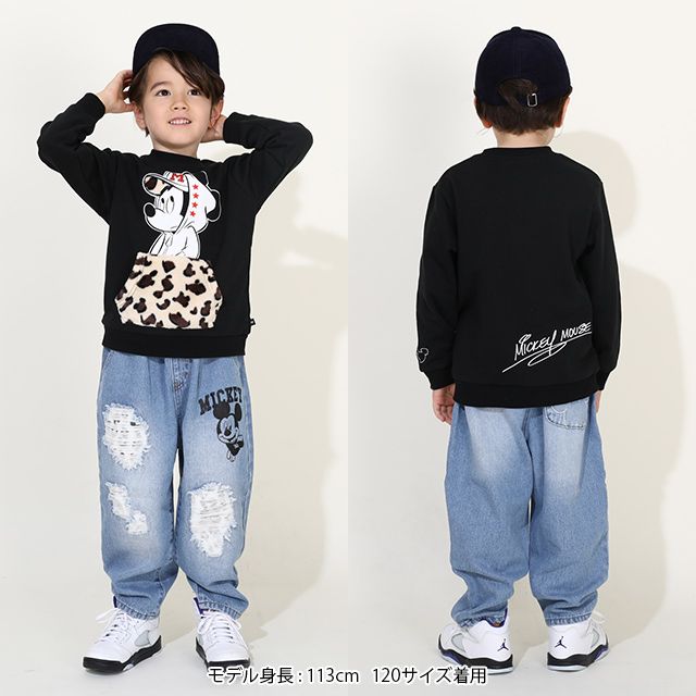 【ベビードール】ミッキー 親子お揃い ヒョウ柄ボアポケットトレーナー 0004K / ベビーサイズ キッズ ペアルック リンクコーデ トップス 長袖