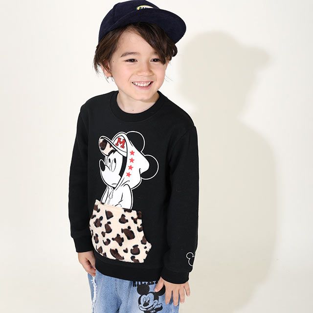 【ベビードール】ミッキー 親子お揃い ヒョウ柄ボアポケットトレーナー 0004K / ベビーサイズ キッズ ペアルック リンクコーデ トップス 長袖