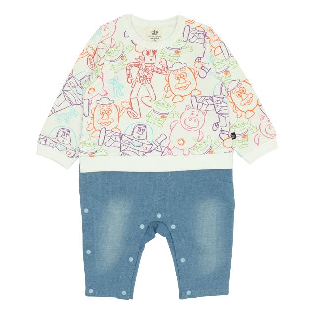 【ベビードール】トイ・ストーリー 裏毛総柄ドッキングロンパース 0005B / ベビーサイズ 赤ちゃん 出産祝い 贈り物 プレゼント リンクコーデ ペアルック 親子コーデ ベビー服 ウッディ バズ・ライトイヤー ハム リトルグリーンメン ポテトヘッド グリーンアーミーメン