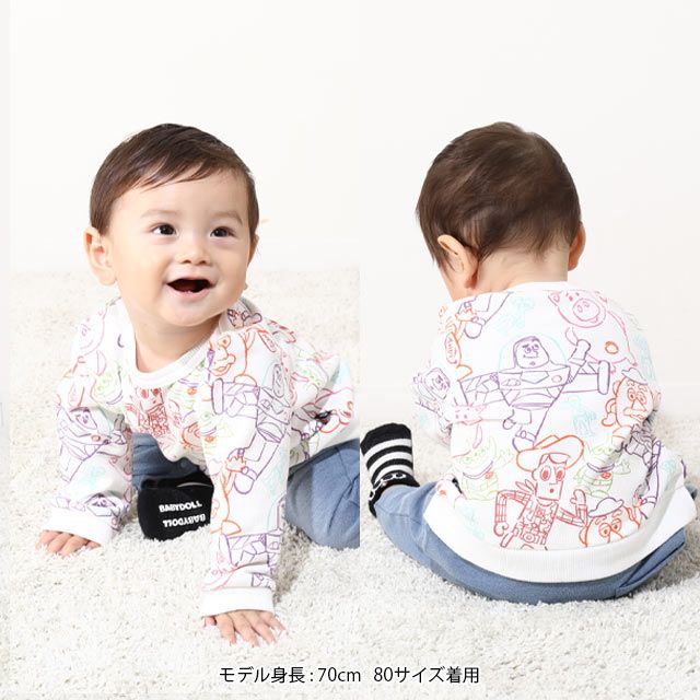 【ベビードール】トイ・ストーリー 裏毛総柄ドッキングロンパース 0005B / ベビーサイズ 赤ちゃん 出産祝い 贈り物 プレゼント リンクコーデ ペアルック 親子コーデ ベビー服 ウッディ バズ・ライトイヤー ハム リトルグリーンメン ポテトヘッド グリーンアーミーメン