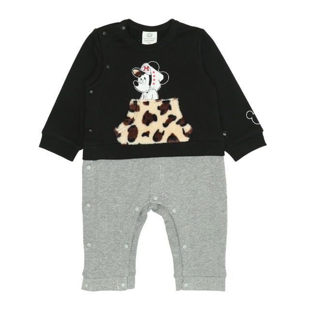 【ベビードール】ミッキー ヒョウ柄ボアポケットドッキングロンパース 0006B / ベビーサイズ 赤ちゃん 出産祝い 贈り物 プレゼント リンクコーデ ペアルック 親子コーデ ベビー服 スウェット素材