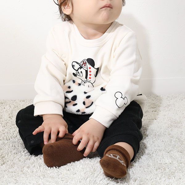 【ベビードール】ミッキー ヒョウ柄ボアポケットドッキングロンパース 0006B / ベビーサイズ 赤ちゃん 出産祝い 贈り物 プレゼント リンクコーデ ペアルック 親子コーデ ベビー服 スウェット素材