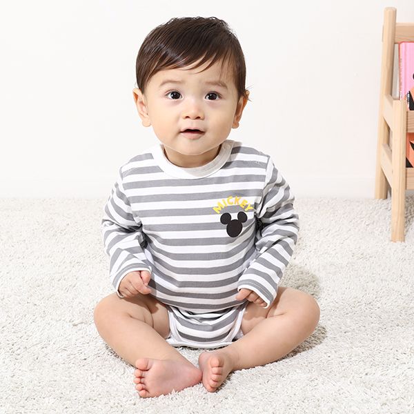 【ベビードール】ミッキー コーデュロイ サロペットロンパース 2点セット 0043B / ベビーサイズ 出産祝い セットアイテム ストレッチコーデュロイ ボーダー 長袖 ロンT ボディスーツ 肩紐調整可 股下スナップボタン