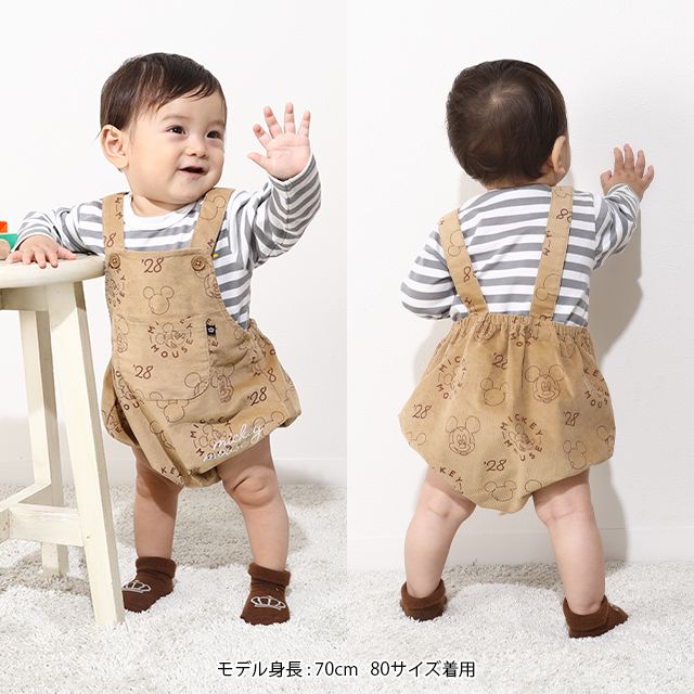 【ベビードール】ミッキー コーデュロイ サロペットロンパース 2点セット 0043B / ベビーサイズ 出産祝い セットアイテム ストレッチコーデュロイ ボーダー 長袖 ロンT ボディスーツ 肩紐調整可 股下スナップボタン