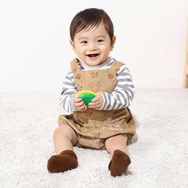 【ベビードール】ミッキー コーデュロイ サロペットロンパース 2点セット 0043B / ベビーサイズ 出産祝い セットアイテム ストレッチコーデュロイ ボーダー 長袖 ロンT ボディスーツ 肩紐調整可 股下スナップボタン