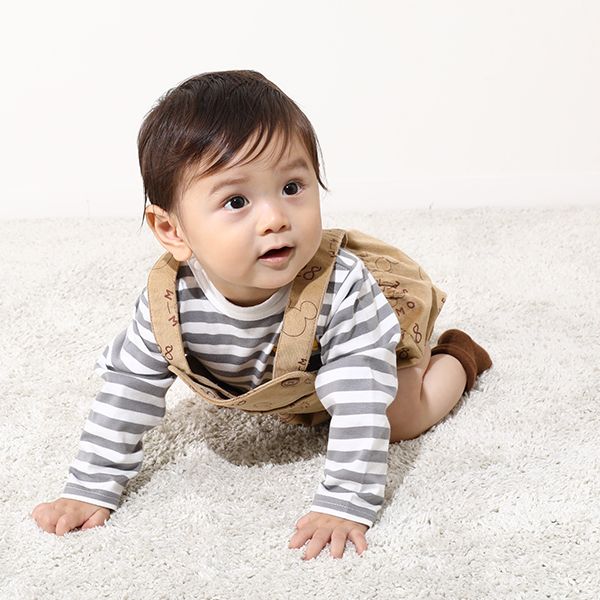 【ベビードール】ミッキー コーデュロイ サロペットロンパース 2点セット 0043B / ベビーサイズ 出産祝い セットアイテム ストレッチコーデュロイ ボーダー 長袖 ロンT ボディスーツ 肩紐調整可 股下スナップボタン
