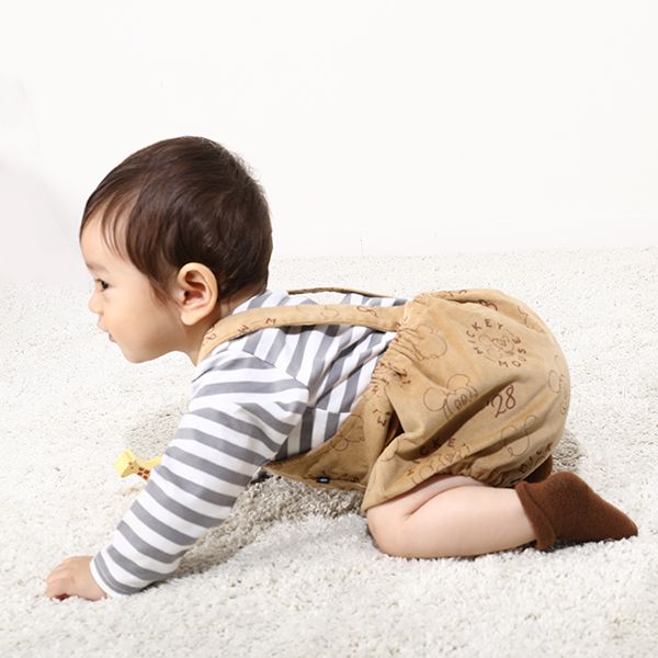 【ベビードール】ミッキー コーデュロイ サロペットロンパース 2点セット 0043B / ベビーサイズ 出産祝い セットアイテム ストレッチコーデュロイ ボーダー 長袖 ロンT ボディスーツ 肩紐調整可 股下スナップボタン