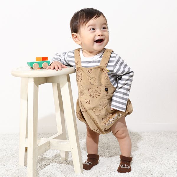 【ベビードール】ミッキー コーデュロイ サロペットロンパース 2点セット 0043B / ベビーサイズ 出産祝い セットアイテム ストレッチコーデュロイ ボーダー 長袖 ロンT ボディスーツ 肩紐調整可 股下スナップボタン