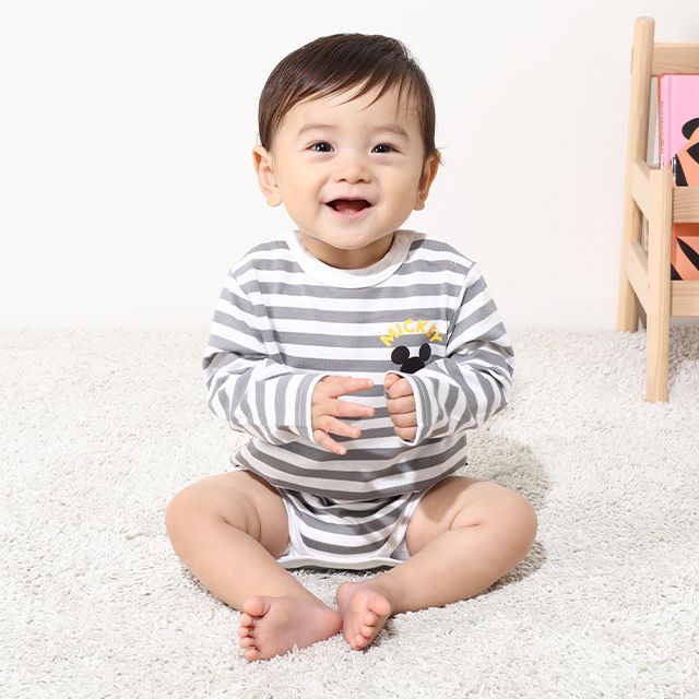 【ベビードール】ミッキー コーデュロイ サロペットロンパース 2点セット 0043B / ベビーサイズ 出産祝い セットアイテム ストレッチコーデュロイ ボーダー 長袖 ロンT ボディスーツ 肩紐調整可 股下スナップボタン