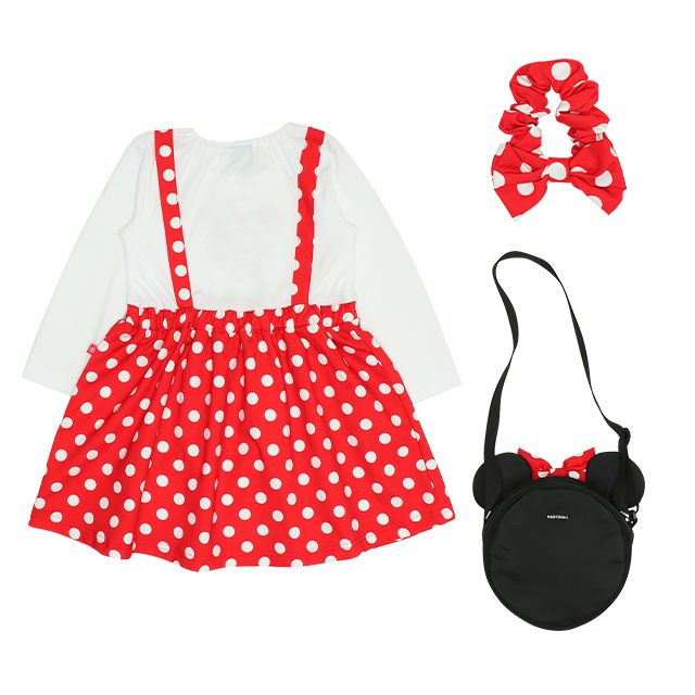 【ベビードール】ミニー 豪華3点セット 0086K / キッズ コーデセット 長袖 ワンピース スカート シュシュ ヘアアクセサリー バッグ 鞄 かばん ショルダーバッグ ガーリー
