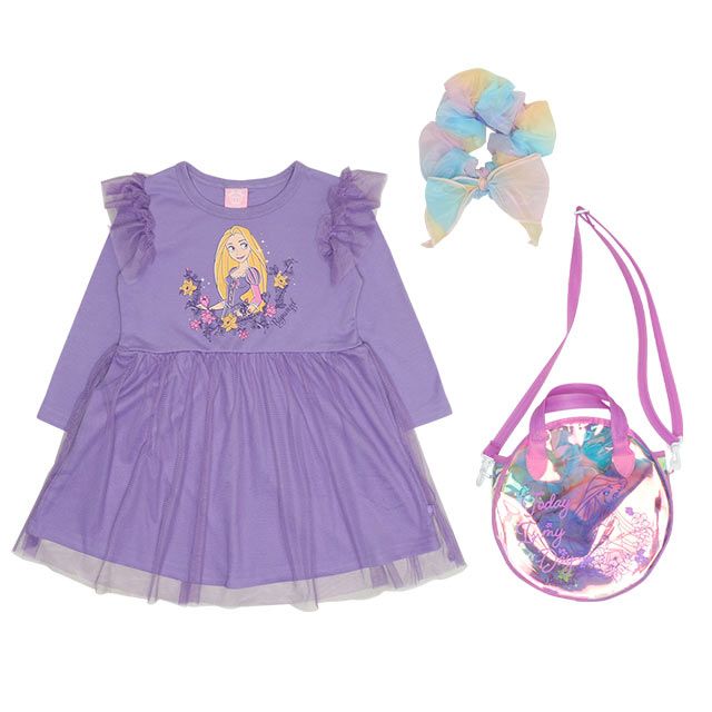 【ベビードール】ラプンツェル プリンセス / 豪華3点セット 0087K / キッズ ワンピ 長袖 スカート シュシュ ヘアアクセサリー バッグ 鞄 かばん ショルダーバッグ トータルコーデセット オーロラ ガーリー