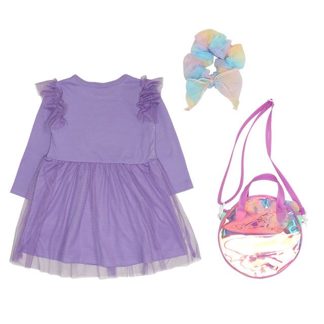 【ベビードール】ラプンツェル プリンセス / 豪華3点セット 0087K / キッズ ワンピ 長袖 スカート シュシュ ヘアアクセサリー バッグ 鞄 かばん ショルダーバッグ トータルコーデセット オーロラ ガーリー