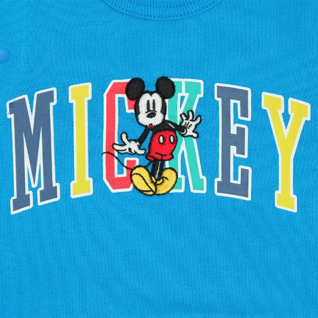 【ベビードール】ミッキー サテンロゴ ロンパース 0098B / ベビーサイズ ベビー服 ファミリーコーデ おそろい ドッキングデザイン スウェット素材 股下スナップボタン