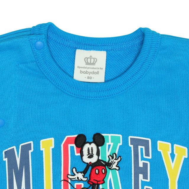 【ベビードール】ミッキー サテンロゴ ロンパース 0098B / ベビーサイズ ベビー服 ファミリーコーデ おそろい ドッキングデザイン スウェット素材 股下スナップボタン