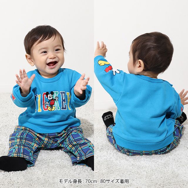 【ベビードール】ミッキー サテンロゴ ロンパース 0098B / ベビーサイズ ベビー服 ファミリーコーデ おそろい ドッキングデザイン スウェット素材 股下スナップボタン