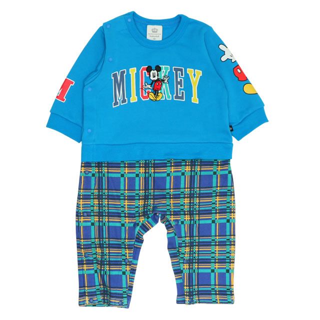 【ベビードール】ミッキー サテンロゴ ロンパース 0098B / ベビーサイズ ベビー服 ファミリーコーデ おそろい ドッキングデザイン スウェット素材 股下スナップボタン