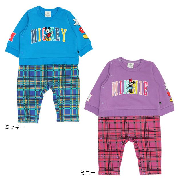 【ベビードール】ミニー サテンロゴ ロンパース 0098B / ベビーサイズ ベビー服 ファミリーコーデ おそろい ドッキングデザイン スウェット素材 股下スナップボタン