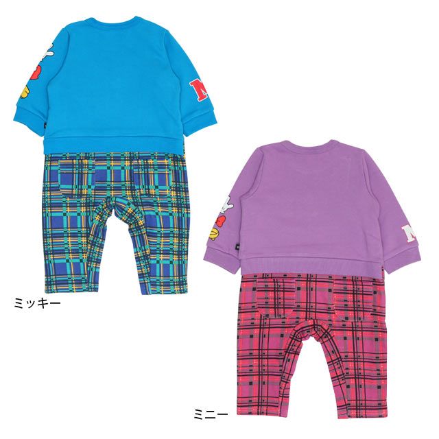 【ベビードール】ミニー サテンロゴ ロンパース 0098B / ベビーサイズ ベビー服 ファミリーコーデ おそろい ドッキングデザイン スウェット素材 股下スナップボタン
