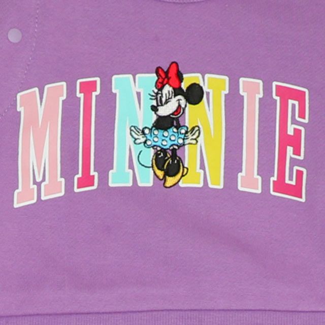 【ベビードール】ミニー サテンロゴ ロンパース 0098B / ベビーサイズ ベビー服 ファミリーコーデ おそろい ドッキングデザイン スウェット素材 股下スナップボタン