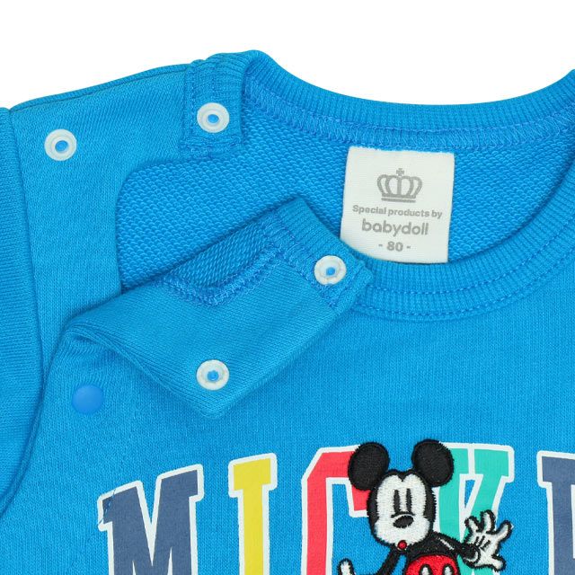 【ベビードール】ミニー サテンロゴ ロンパース 0098B / ベビーサイズ ベビー服 ファミリーコーデ おそろい ドッキングデザイン スウェット素材 股下スナップボタン