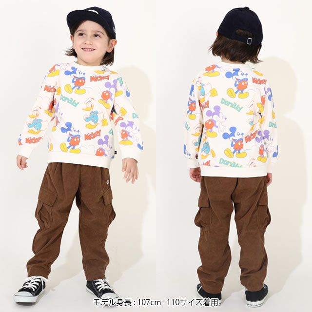 【ベビードール】ミッキー ドナルド 親子お揃い 総柄トレーナー 0127K / ベビーサイズ キッズ プルオーバー スウェット素材 フード無し 長袖