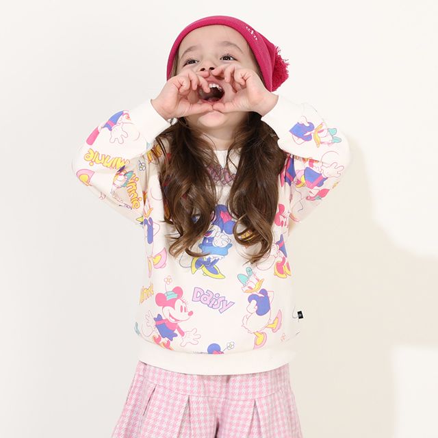 【ベビードール】ミニー デイジー 親子お揃い 総柄トレーナー 0127K / ベビーサイズ キッズ プルオーバー スウェット素材 フード無し 長袖