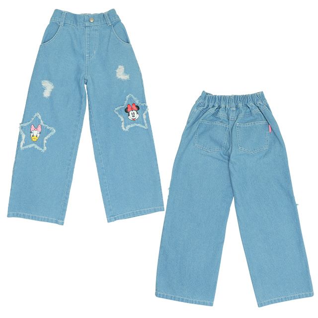 【ベビードール】ミニー デイジー ワイドストレートデニムロングパンツ 0190K / ベビーサイズ キッズ ボトムス 長ズボン ジーパン ダメージ加工 ゆったり 楽ちん