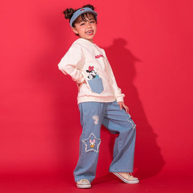 【ベビードール】ミニー デイジー ワイドストレートデニムロングパンツ 0190K / ベビーサイズ キッズ ボトムス 長ズボン ジーパン ダメージ加工 ゆったり 楽ちん