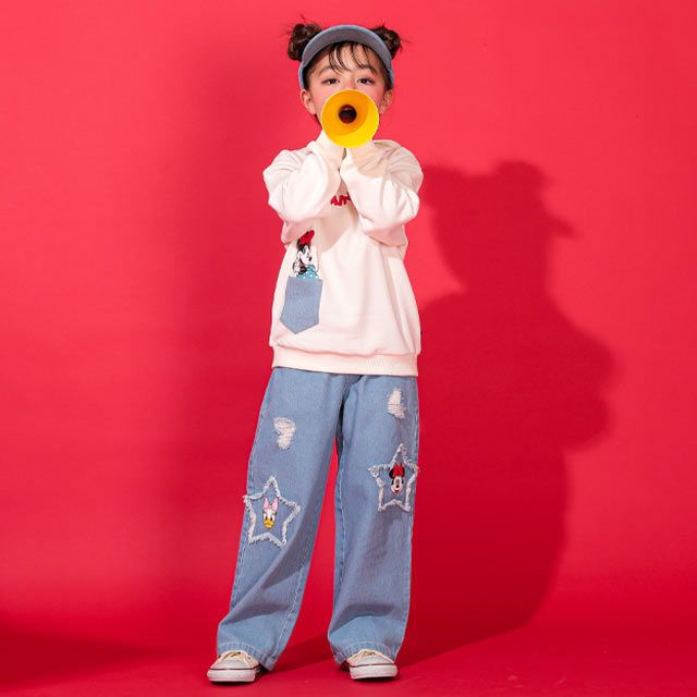 【ベビードール】ミニー デイジー ワイドストレートデニムロングパンツ 0190K / ベビーサイズ キッズ ボトムス 長ズボン ジーパン ダメージ加工 ゆったり 楽ちん