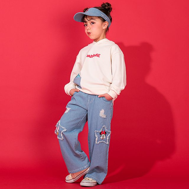 【ベビードール】ミニー デイジー ワイドストレートデニムロングパンツ 0190K / ベビーサイズ キッズ ボトムス 長ズボン ジーパン ダメージ加工 ゆったり 楽ちん